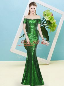 On Sale Green Sequined Zipper Prom Dress Short Sleeves Floor Length Sequins