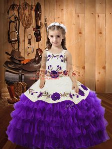 Eggplant Purple Ball Gowns Embroidery and Ruffled Layers Little Girls Pageant Dress Wholesale Lace Up Organza Sleeveless Floor Length