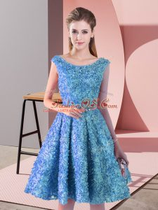 Glittering Baby Blue Lace Lace Up Prom Evening Gown Sleeveless Knee Length Belt