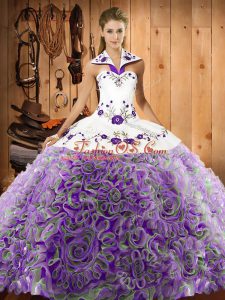 Multi-color Ball Gowns Fabric With Rolling Flowers Halter Top Sleeveless Embroidery Lace Up Ball Gown Prom Dress Sweep Train