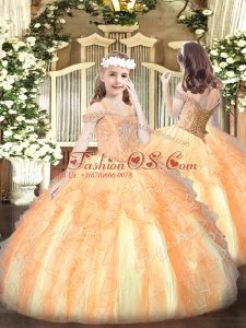 Great Orange Organza Lace Up Off The Shoulder Sleeveless Floor Length Little Girls Pageant Dress Beading and Ruffles