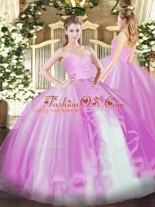 Sleeveless Floor Length Ruffles Lace Up Quince Ball Gowns with Lilac