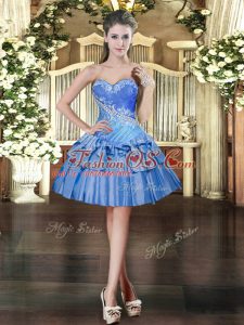 Baby Blue Organza Lace Up Prom Evening Gown Sleeveless Mini Length Beading and Ruffled Layers