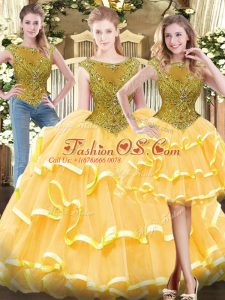 Gold Zipper Scoop Beading and Ruffled Layers Quince Ball Gowns Tulle Sleeveless