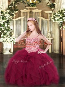 Wine Red Spaghetti Straps Neckline Appliques and Ruffles Little Girl Pageant Gowns Sleeveless Lace Up