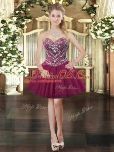 Glorious Sleeveless Tulle Mini Length Lace Up Prom Party Dress in Burgundy with Beading