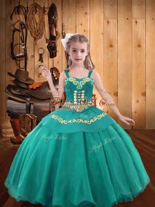 Teal Ball Gowns Straps Sleeveless Organza Lace Up Embroidery and Ruffles Glitz Pageant Dress