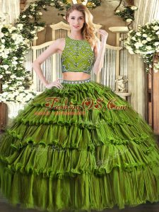 Olive Green Two Pieces High-neck Sleeveless Tulle Floor Length Zipper Beading and Ruffled Layers 15 Quinceanera Dress
