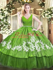 Traditional Sleeveless Tulle Floor Length Zipper Quinceanera Dresses in Olive Green with Beading and Appliques