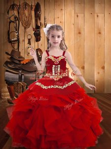 Floor Length Lace Up Custom Made Pageant Dress Red for Party and Sweet 16 and Quinceanera and Wedding Party with Embroidery and Ruffles