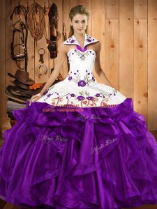 Perfect Purple Organza Lace Up Quinceanera Dresses Sleeveless Floor Length Embroidery and Ruffles