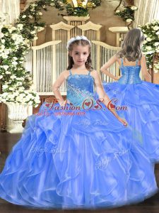 Ball Gowns Little Girls Pageant Dress Blue Straps Organza and Sequined Sleeveless Floor Length Lace Up