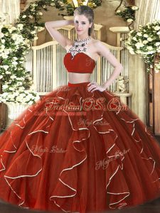 Captivating Beading and Ruffles Ball Gown Prom Dress Rust Red Backless Sleeveless Floor Length