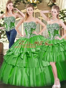 Sweet Green Strapless Lace Up Beading and Ruffled Layers Quince Ball Gowns Sleeveless
