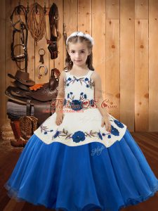 Floor Length Lace Up Pageant Dress Toddler Blue for Sweet 16 and Quinceanera with Embroidery