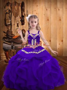 Beauteous Floor Length Lace Up Pageant Gowns For Girls Eggplant Purple for Party and Sweet 16 and Quinceanera and Wedding Party with Embroidery and Ruffles