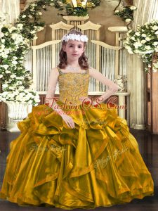 Low Price Brown Organza Lace Up Pageant Dress Toddler Sleeveless Floor Length Beading and Ruffles
