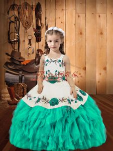 Aqua Blue Lace Up Glitz Pageant Dress Embroidery and Ruffles Sleeveless Floor Length
