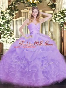 High End Sleeveless Organza Floor Length Lace Up 15 Quinceanera Dress in Lavender with Beading and Ruffles
