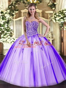 Lavender Ball Gowns Sweetheart Sleeveless Tulle Floor Length Lace Up Beading Quinceanera Gown