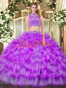 Smart High-neck Sleeveless Backless Quince Ball Gowns Purple Tulle