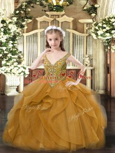 Brown Tulle Lace Up Little Girls Pageant Dress Wholesale Sleeveless Floor Length Beading and Ruffles