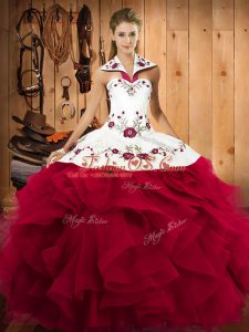 On Sale Red Ball Gowns Halter Top Sleeveless Tulle Floor Length Lace Up Embroidery and Ruffles Quinceanera Dress