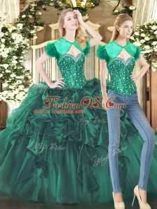 Sophisticated Dark Green Ball Gowns Beading and Ruffles Sweet 16 Quinceanera Dress Lace Up Tulle Sleeveless Floor Length