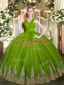 Superior Olive Green Sleeveless Appliques Floor Length Quinceanera Dresses