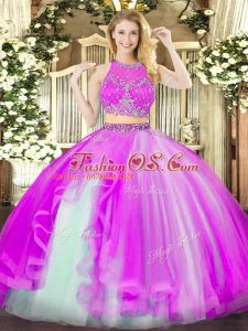 Fashion Beading and Ruffles 15th Birthday Dress Fuchsia Zipper Sleeveless Floor Length