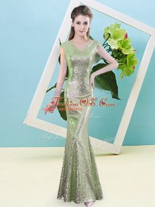 Modest Yellow Green Sequined Zipper Homecoming Dress Cap Sleeves Floor Length Sequins