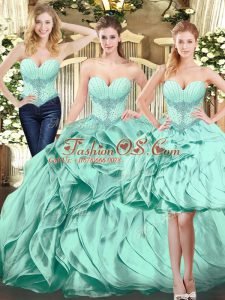 Decent Apple Green Sleeveless Floor Length Beading and Ruffles Lace Up Quinceanera Dress