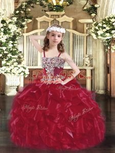 Wine Red Ball Gowns Straps Sleeveless Organza Floor Length Lace Up Appliques and Ruffles Kids Pageant Dress