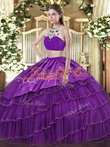 Fantastic Purple Two Pieces Tulle High-neck Sleeveless Beading and Embroidery and Ruffled Layers Floor Length Backless Quinceanera Gowns