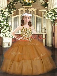 Sleeveless Organza Floor Length Lace Up Little Girl Pageant Gowns in Brown with Beading and Ruffled Layers