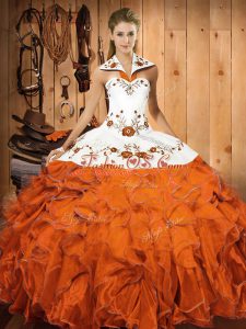 Sleeveless Floor Length Embroidery and Ruffles Lace Up 15 Quinceanera Dress with Orange Red