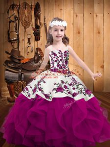 Wonderful Straps Sleeveless Little Girl Pageant Gowns Floor Length Embroidery and Ruffles Fuchsia Organza