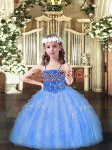 Floor Length Baby Blue Pageant Gowns Spaghetti Straps Sleeveless Lace Up