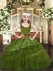 Olive Green Sleeveless Beading and Embroidery and Ruffled Layers Floor Length Pageant Gowns