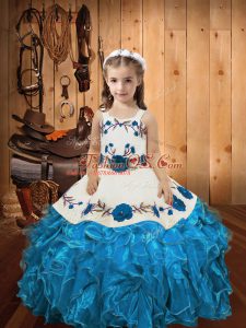 New Arrival Baby Blue Sleeveless Floor Length Embroidery and Ruffles Lace Up Glitz Pageant Dress