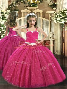 Hot Pink Zipper One Shoulder Appliques Pageant Dresses Tulle Sleeveless