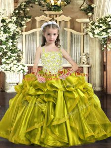 Sleeveless Floor Length Beading and Ruffles Lace Up Winning Pageant Gowns with Yellow Green