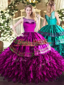Admirable Fuchsia Organza and Taffeta Zipper Scoop Sleeveless Floor Length Sweet 16 Quinceanera Dress Beading and Ruffles