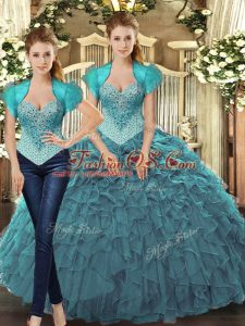 Teal Lace Up Straps Beading and Ruffles Quinceanera Dress Tulle Sleeveless
