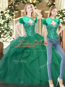 Sophisticated Dark Green Lace Up Sweetheart Beading and Ruffles Quince Ball Gowns Tulle Sleeveless