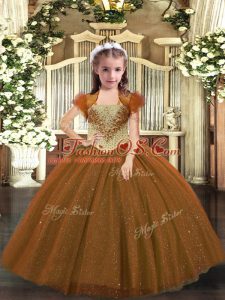 Floor Length Brown Little Girls Pageant Dress Tulle Sleeveless Beading