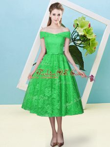 Traditional Cap Sleeves Lace Up Tea Length Bowknot Quinceanera Court of Honor Dress
