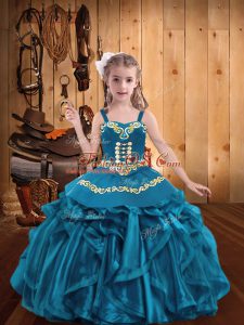 Latest Floor Length Teal Pageant Gowns For Girls Organza Sleeveless Embroidery and Ruffles