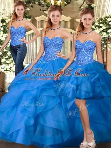 Blue Sweetheart Lace Up Beading and Ruffles 15th Birthday Dress Sleeveless