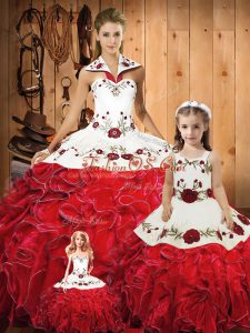 Custom Made Red Sleeveless Tulle Lace Up Quinceanera Gowns for Military Ball and Sweet 16 and Quinceanera